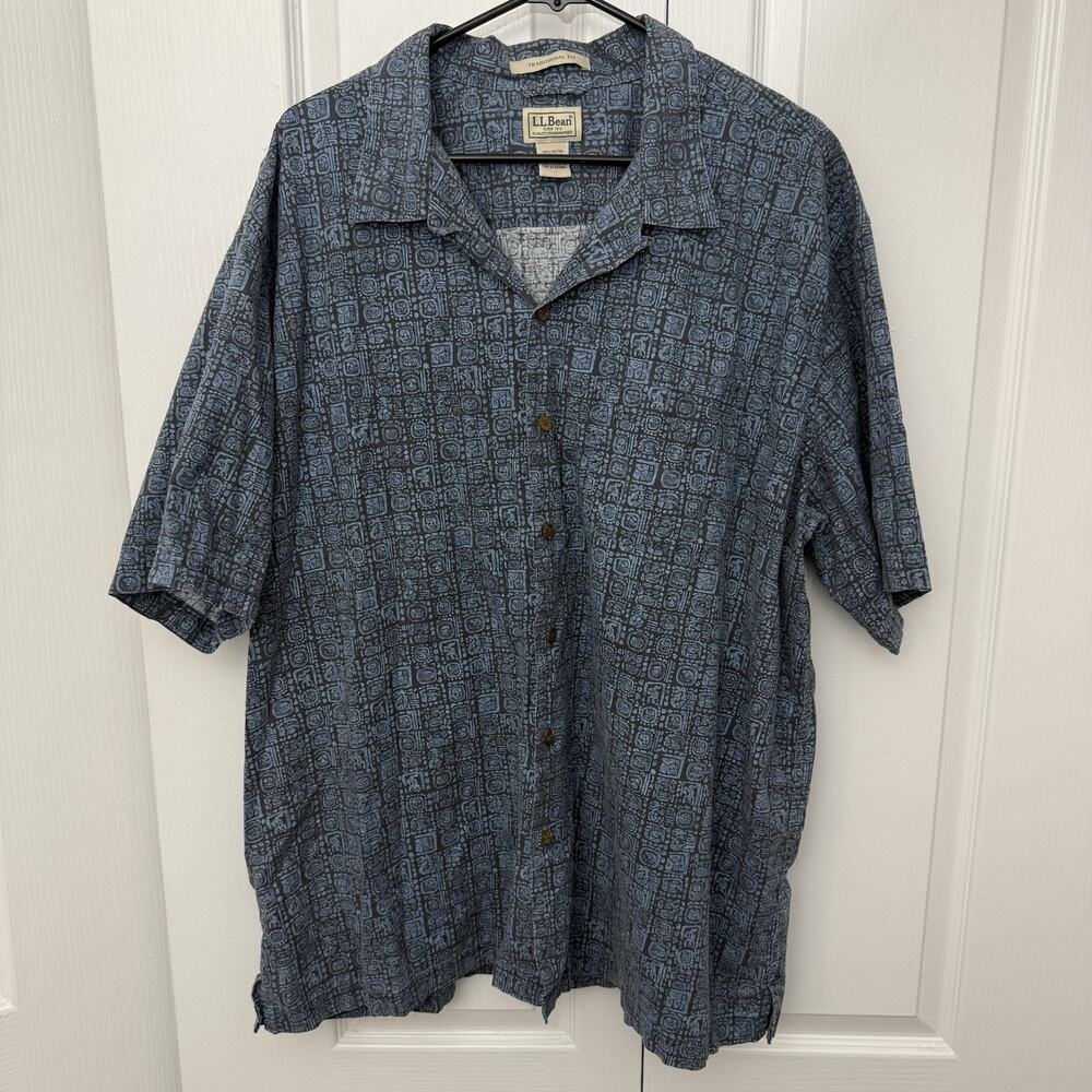 L.L. Bean Men’s XXL Blue Geometric Print Short Sleeve Button Camp Shirt Casual